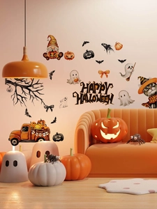 Detailed Halloween wall decal set with cartoon ghost pumpkin and black cat decorations