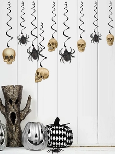 Hanging Halloween decorations with gold skulls and black spiders for ceiling party setup