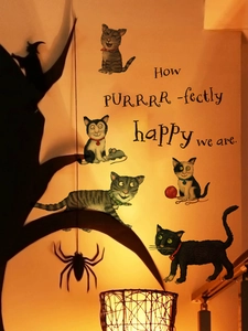 Halloween cartoon cat wall stickers with How Purrrr-fectly Happy We Are text decor
