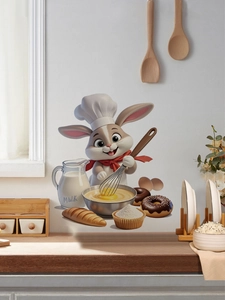 Detail of cartoon bunny chef wall sticker with milk, bread, and kitchen tools on wall