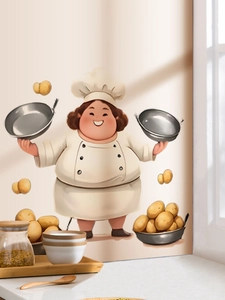Kitchen wall decal featuring a cartoon chef holding pans with floating potato elements