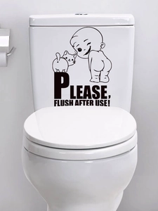 Close-up of PVC toilet sticker featuring a cartoon baby, cat, and flush reminder text