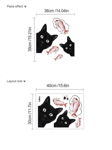 Detail showing cartoon black cat and fish wall stickers layout and finished paste size