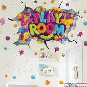 Vinilo de pared 3D con letras PLAY ROOM de colores y globos para cuarto infantil