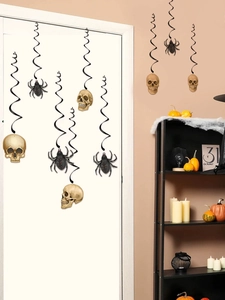 Detail of Halloween bronze skull and black spider hanging swirls for festive room decor