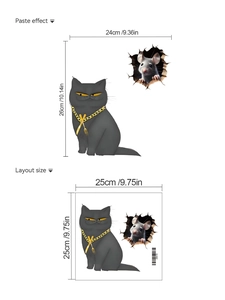 Detail showing 3D wall sticker dimensions with funny black cat and mouse hole graphics