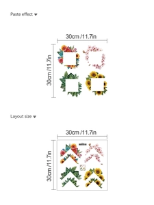 Detailed dimensions for floral and leaf wall stickers with layout and paste effect guide