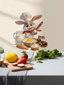 Detail of 3D cartoon bunny chef wall sticker with baking elements in a kitchen setting