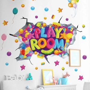 Vinilo pared 3D Play Room con globos y estrellas para decoración de cuarto infantil