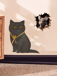 Detail of 3D wall sticker featuring a cool cat with gold chain and a mouse in a hole