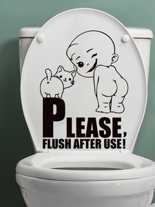 Detail of funny boy and cat PVC toilet sticker with 'PLEASE FLUSH AFTER USE' text
