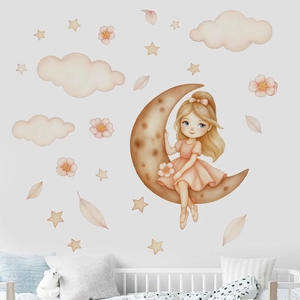 Stickers Muraux Aquarelle Fille Sur La Lune Nuage Dessin Animé PVC Auto-adhésif Étoile Fleur Décalcomanie Chambre d'Enfant Décoration