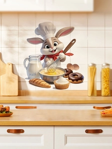 Detail view of 3D cartoon rabbit chef wall stickers in a cozy kitchen setting