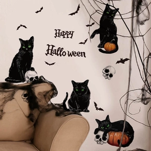 Halloween wall decals featuring black cats, pumpkins and bats for home decor