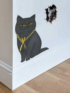 3D cat with gold chain and realistic mouse coming out of hole wall stickers detail