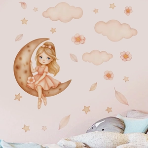 Stickers muraux lune et fille pour chambre d'enfant aux couleurs douces et motifs nuages