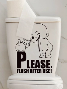 Funny baby and cat bathroom wall decal showing Please Flush After Use text on toilet tank