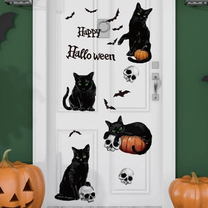 Halloween wall decals featuring black cats, bats and pumpkins with Happy Halloween text