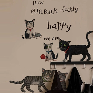 Funny cartoon cat wall stickers with How PURRRR-fectly happy we are quote for home decor