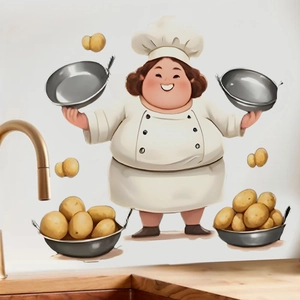 Chubby cartoon chef wall decal for kitchen decor with potatoes and cooking theme