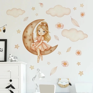 Stickers muraux fille sur la lune avec nuages et étoiles pour chambre d'enfant