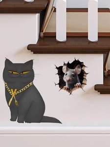 3D effect wall sticker featuring an anthropomorphic black cat and a mouse peeking from a hole