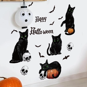 Halloween wall stickers featuring black cats, bats, and skulls for living room home decor
