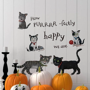 Funny Halloween cartoon cat wall stickers with How Purrrr-fectly happy phrase decoration