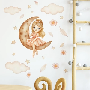 Stickers muraux aquarelle d'une fille sur la lune avec nuages et étoiles pour chambre bébé
