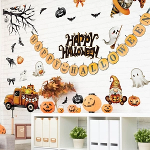 Halloween wall stickers set with Happy Halloween banner pumpkins ghosts and bats
