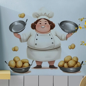 Cartoon female chef wall sticker with potato pattern for kitchen and microwave decor