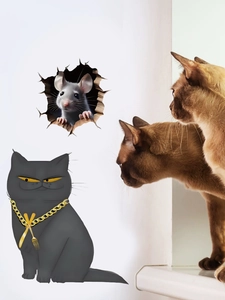 Detailed 3D mouse hole and cartoon black cat wall decals in a creative home setting