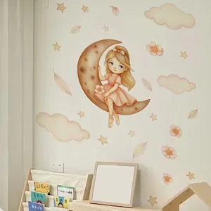 Sticker mural fille sur la lune avec nuages et étoiles aux couleurs pastel douces