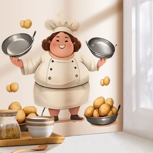 Cartoon fat chef wall sticker with potato elements for modern kitchen decoration