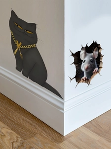 Creative 3D mouse hole and funny black cat wall stickers on corner baseboard