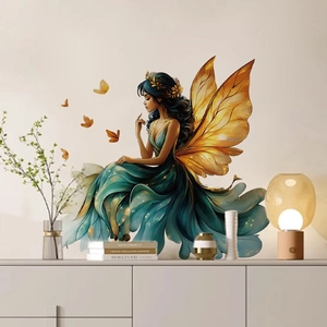 Stickers Muraux Fée Papillon Fille Ailes Dorées Robe Sarcelle Décalcomanie d'Art PVC Pour Chambre Salle de Bain Maison