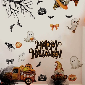 Halloween wall sticker set featuring Happy Halloween text, pumpkins, gnomes, and bats