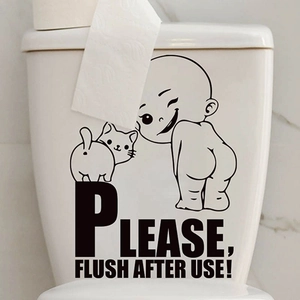 Funny baby and cat wall sticker for bathroom decor with Please Flush After Use text