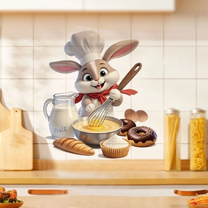 3D cartoon bunny chef wall sticker with milk and bakery elements for kitchen decor