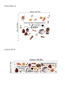 Detail of coffee proverb wall sticker showing 85x75cm application and 120x30cm layout