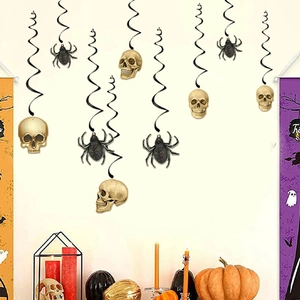 Halloween wall sticker set with gold skulls, black spiders and spiral decor for parties