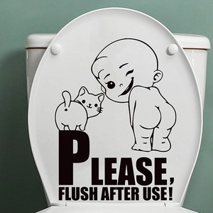 Funny cartoon baby and cat toilet sticker with Please Flush After Use text decor