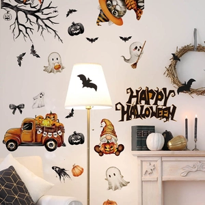 Halloween wall decals set with ghost pumpkin and cat in a cozy living room scene