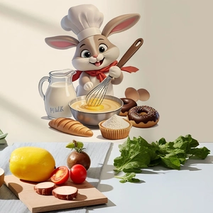 3D cartoon chef rabbit wall sticker with baking icons for kitchen and dining wall decor