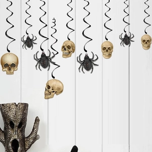 Halloween hanging decorations featuring gold skulls and black spiders with spirals