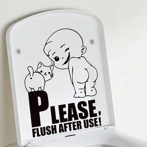 Funny baby and cat toilet lid sticker with 'Please flush after use' vinyl decal