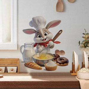 3D cartoon chef rabbit wall stickers with bakery motifs for kitchen wall art decoration
