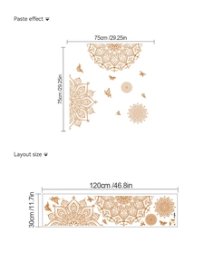 Detail showing mandala wall sticker layout size and pasted effect dimensions in gold