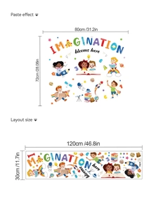 Detail of space-themed wall stickers showing astronaut and IMAGINATION blooms here text