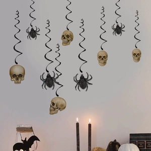 Spooky Halloween hanging decorations featuring realistic skull and black spider PVC stickers